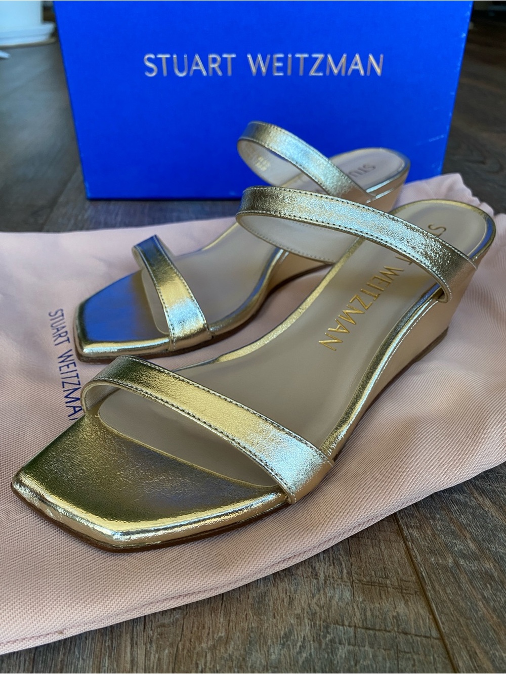 *NEW* Stuart Weitzman Aleena Metallic Silver Gold Two‑Strap Slide Mules